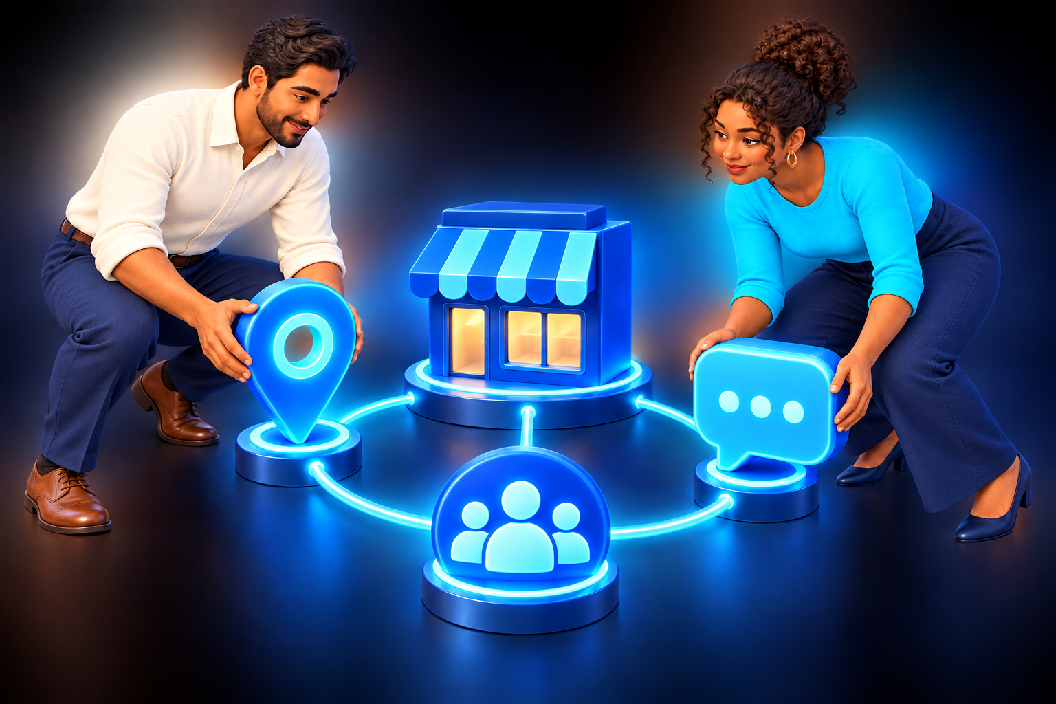 Empresários fictícios conectando presença local, mensagens e clientes de uma pequena empresa.